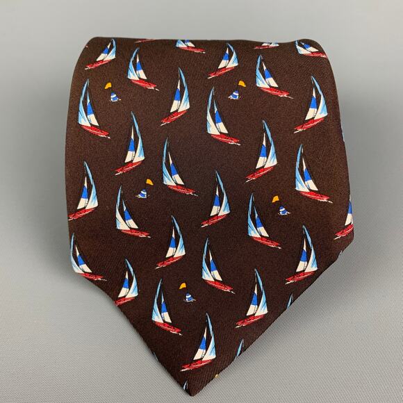 ETRO Brown Print Sailboat Print Silk Tie - Picture 1 of 4